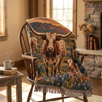 Texas Longhorn Family Woven Blanket – Western Bluebonnet Ranch Throw