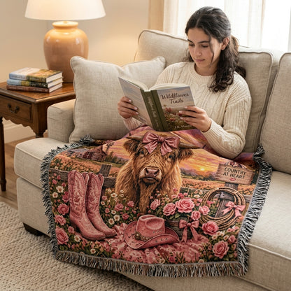 Cowgirl at Heart Woven Blanket – Highland Cow Western Throw, Pink Farmhouse Gift