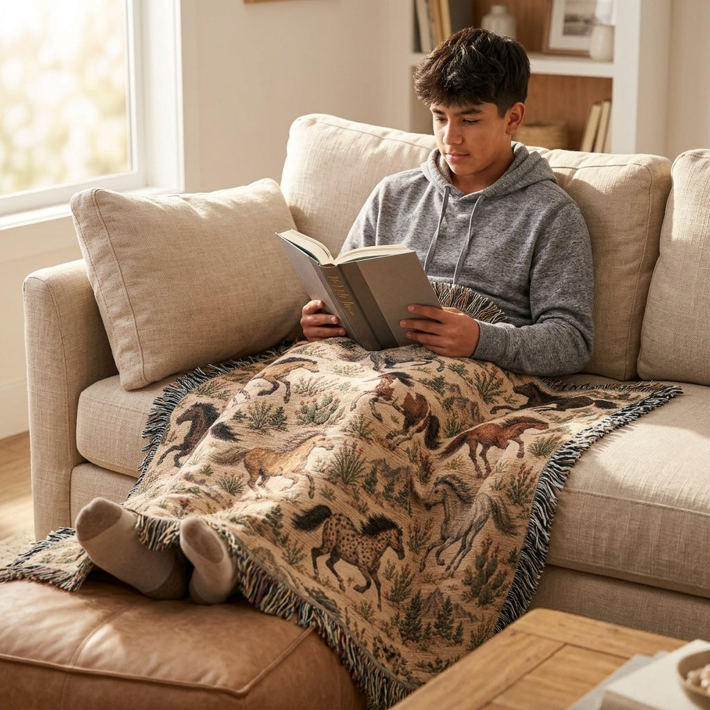 Western Horse Woven Blanket – Galloping Horses Desert Throw, Rustic Ranch Decor