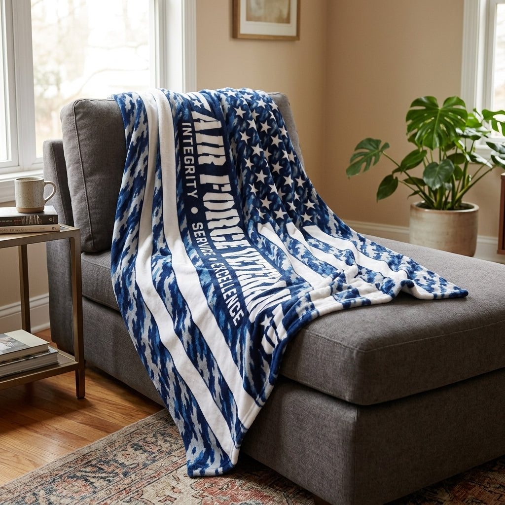Air Force Veteran Velveteen Blanket – Blue Camo Patriotic Throw | USAF Retirement Gift