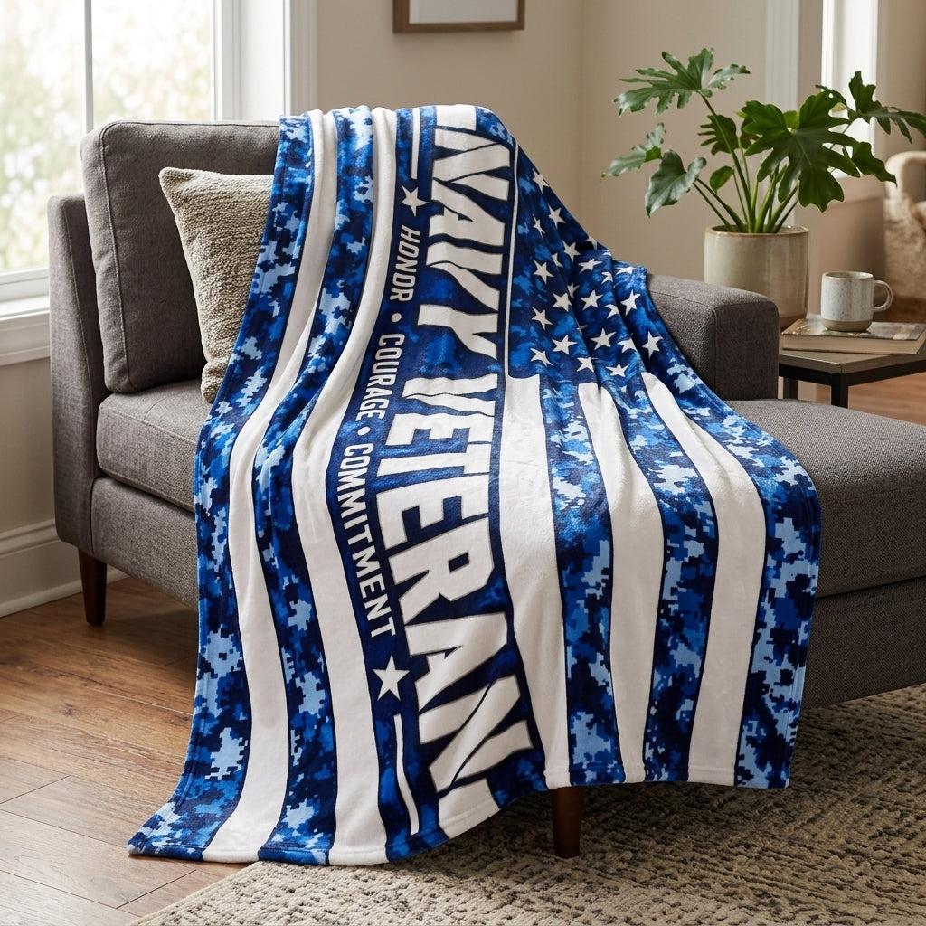 Navy Veteran Velveteen Blanket – Blue Digital Camo | US Navy Retirement & Military Appreciation Gift
