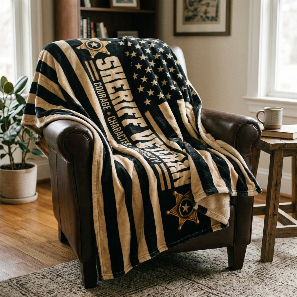Sheriff Veteran Velveteen Blanket – Courage, Character, Community | Retired Deputy Sheriff Gift