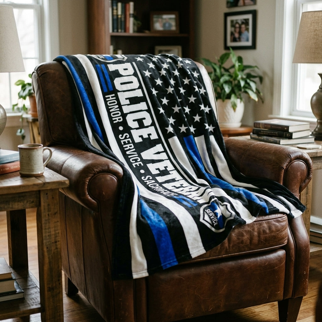 Police Veteran Velveteen Blanket – Thin Blue Line, Honor Service Sacrifice | Retired Police Officer Gift