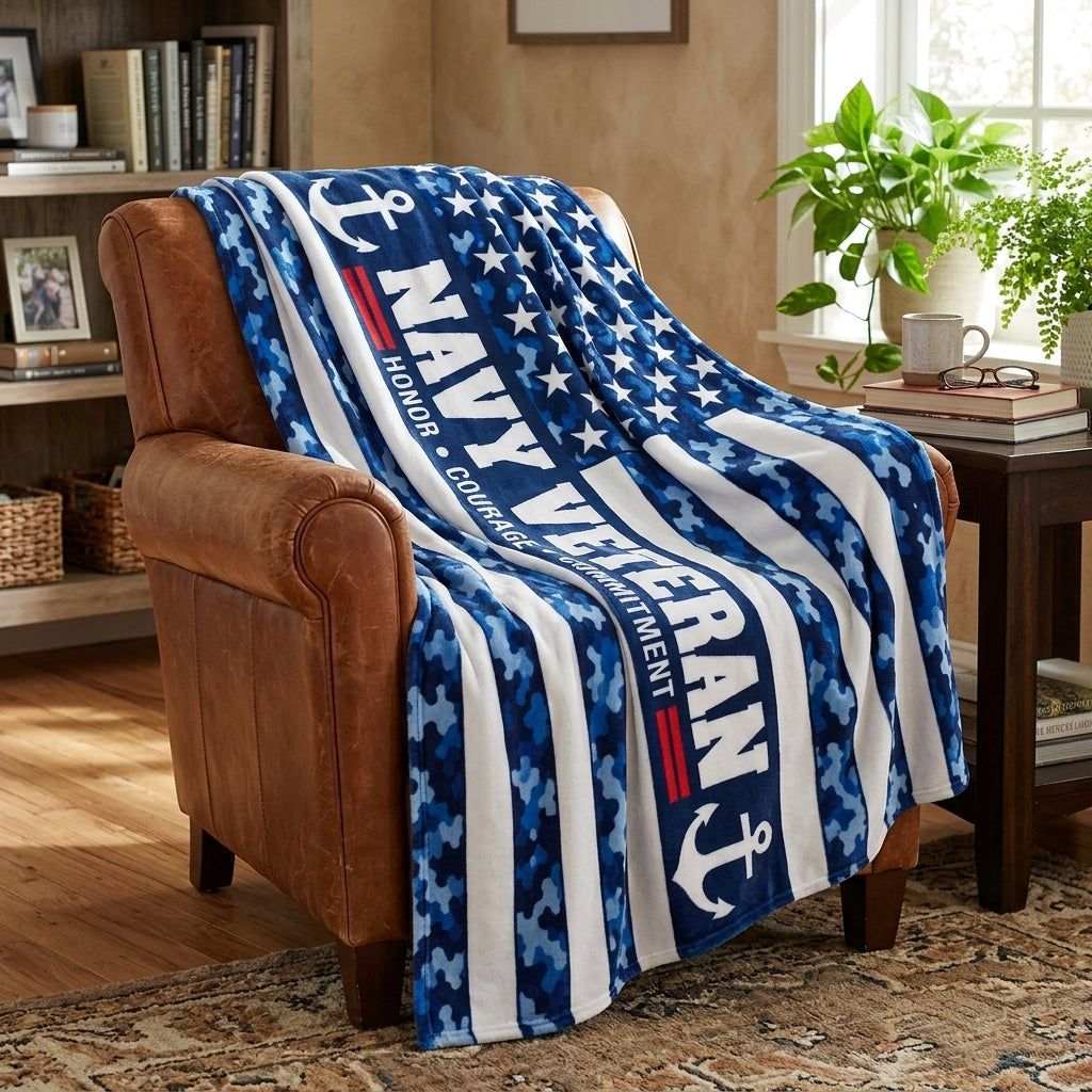 Navy Veteran Velveteen Blanket – Blue Camo, Honor Courage Commitment | US Navy Veteran Gift