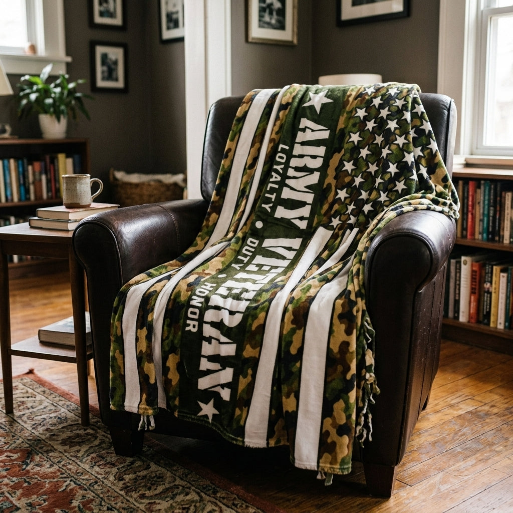 Army Veteran Velveteen Blanket – Woodland Camo, Loyalty Duty Honor | Military Retirement Gift