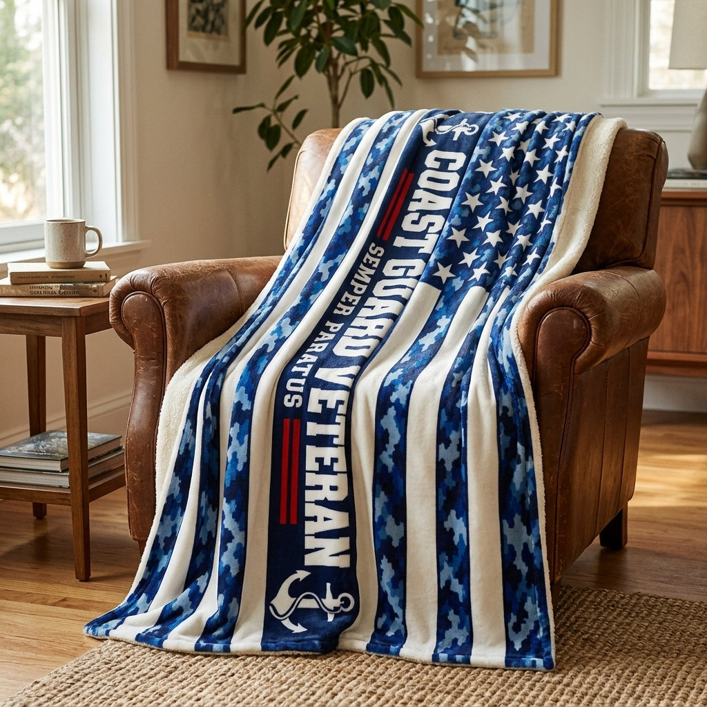 Coast Guard Veteran Velveteen Blanket – Semper Paratus, Blue Camo | USCG Military Retirement Gift