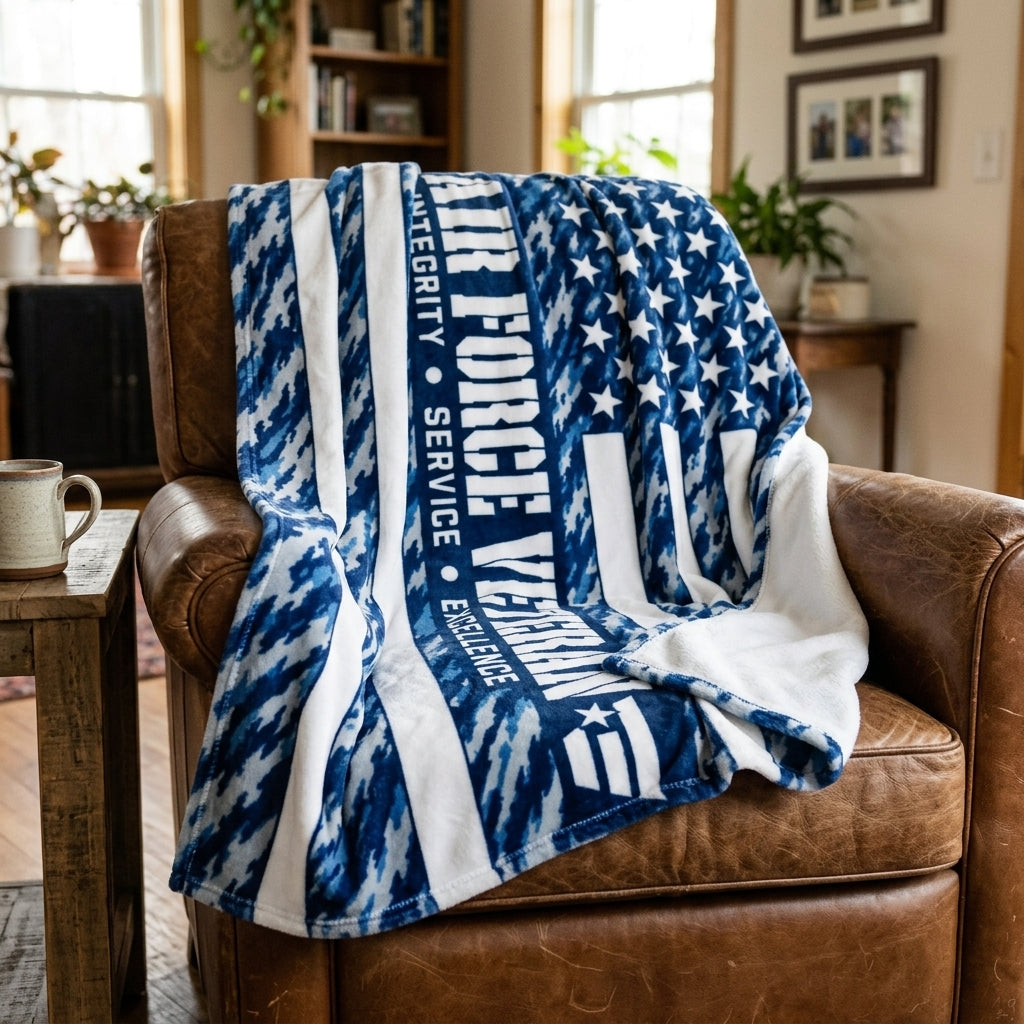 Air Force Veteran Velveteen Blanket – Blue Camo Patriotic Throw | USAF Retirement Gift