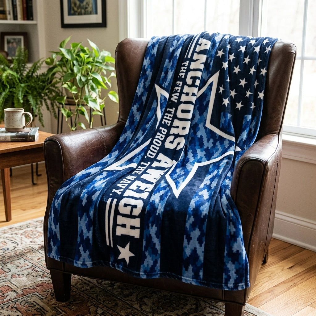 Anchors Aweigh Navy Velveteen Blanket – Blue Camo Patriotic Throw | US Navy Veteran Gift