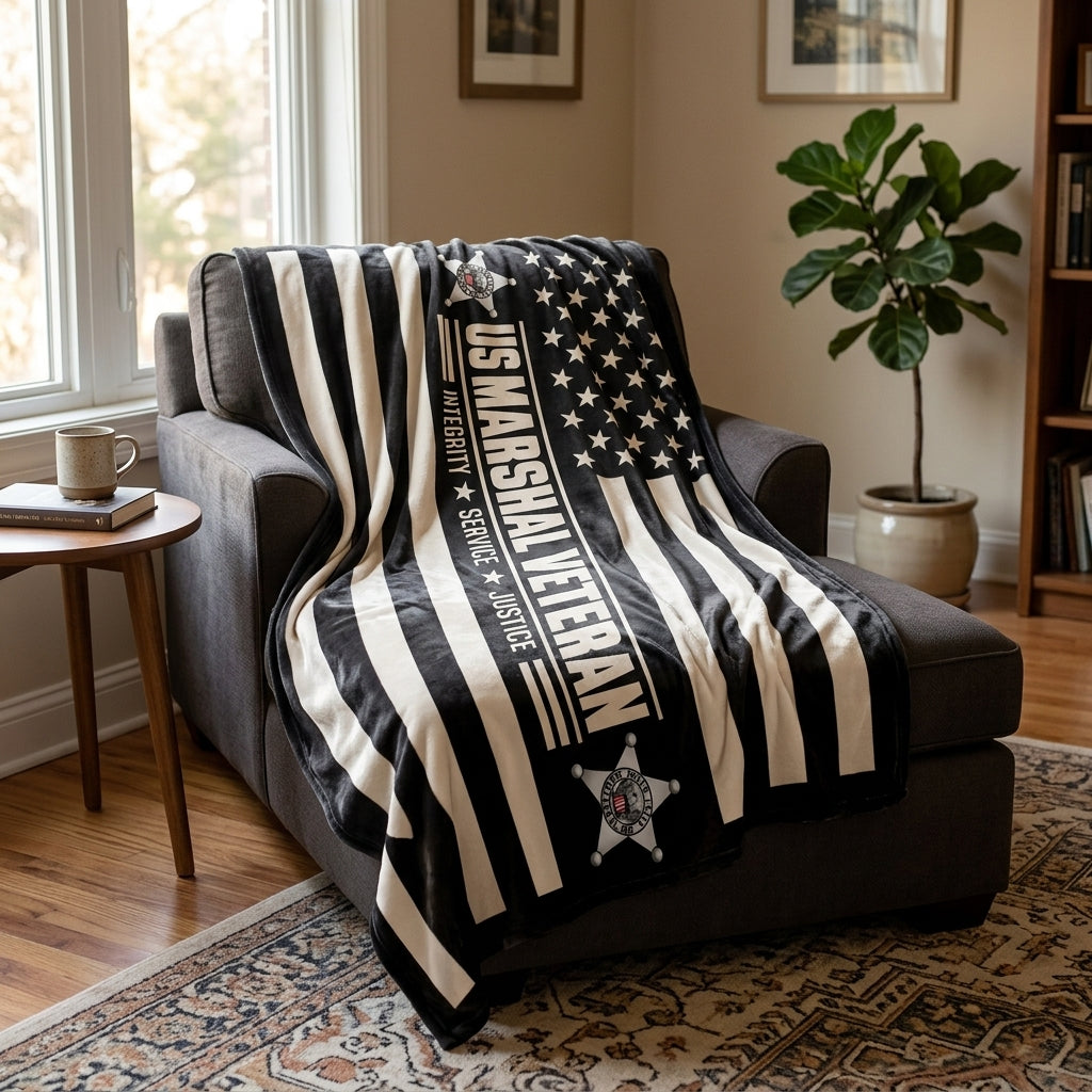 US Marshal Veteran Velveteen Blanket – Integrity, Service, Justice | Law Enforcement Retirement Gift