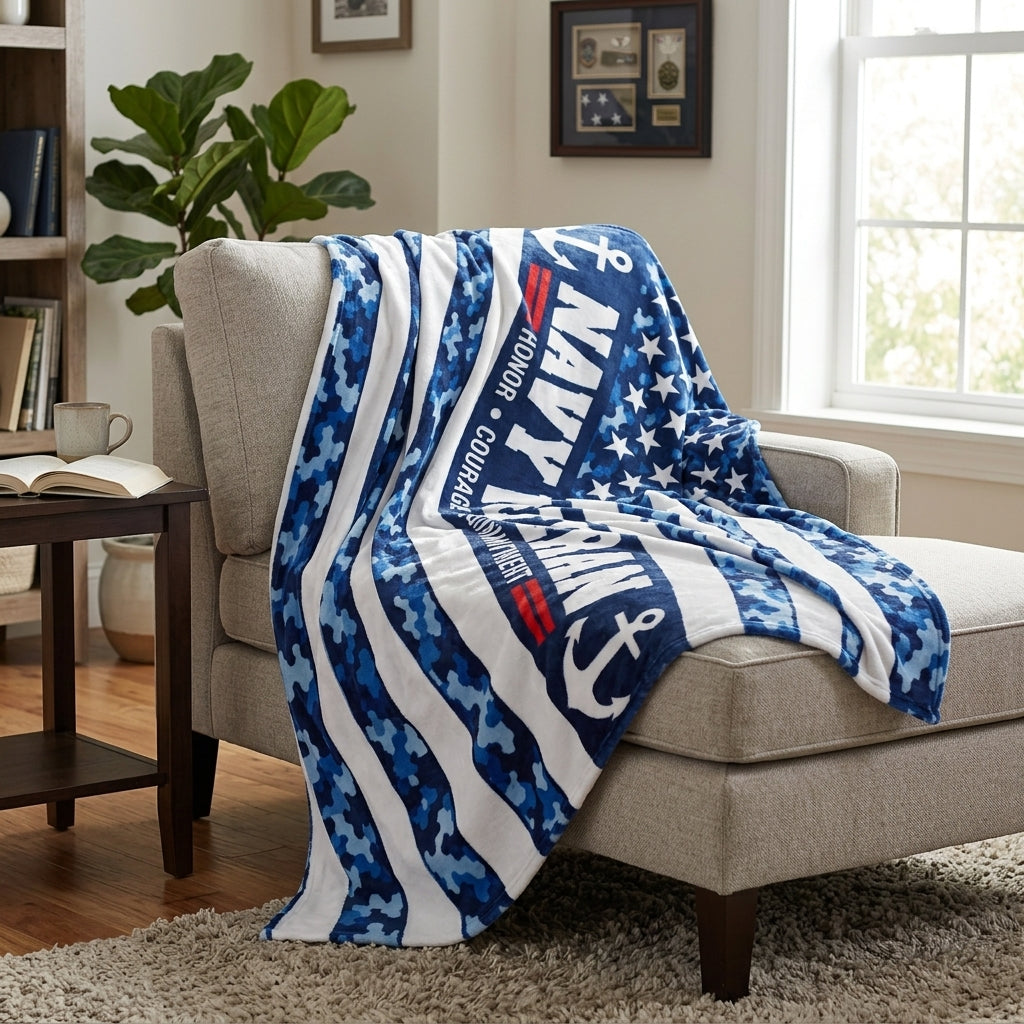 Navy Veteran Velveteen Blanket – Blue Camo, Honor Courage Commitment | US Navy Veteran Gift