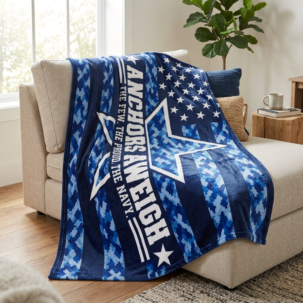 Anchors Aweigh Navy Velveteen Blanket – Blue Camo Patriotic Throw | US Navy Veteran Gift