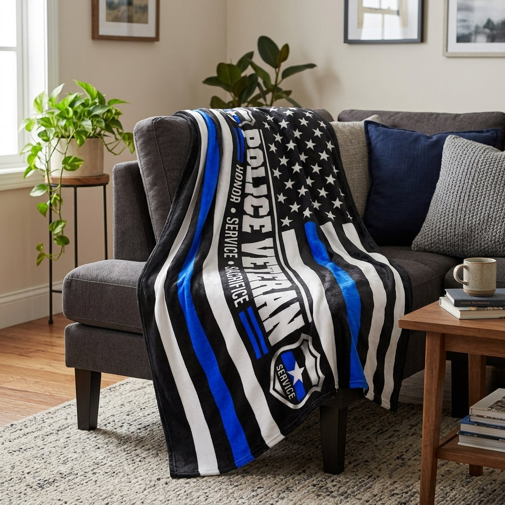 Police Veteran Velveteen Blanket – Thin Blue Line, Honor Service Sacrifice | Retired Police Officer Gift