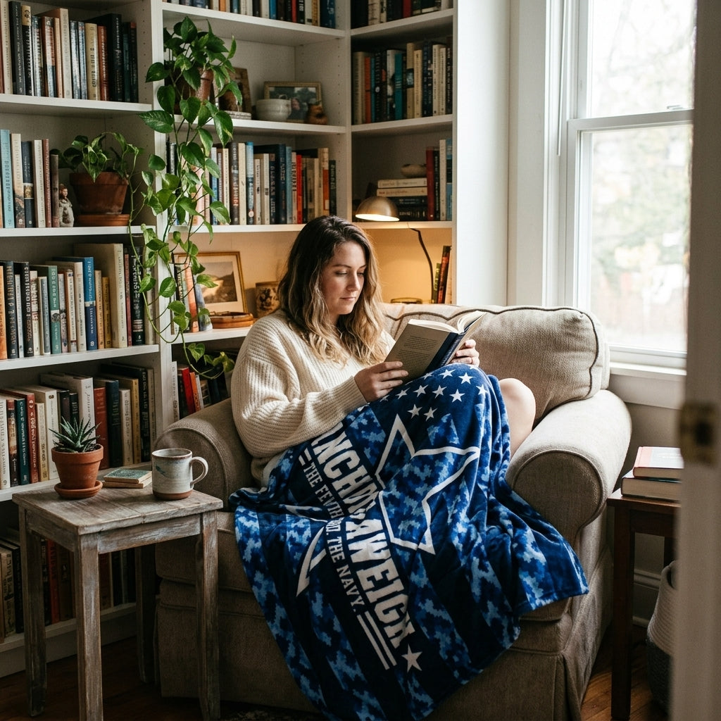 Anchors Aweigh Navy Velveteen Blanket – Blue Camo Patriotic Throw | US Navy Veteran Gift