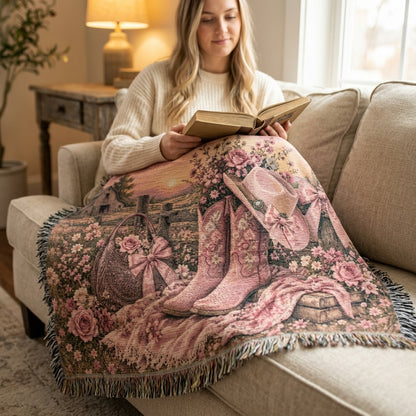 Pink Cowgirl Woven Blanket – Western Floral Throw, Cowboy Boots & Hat Farmhouse Decor