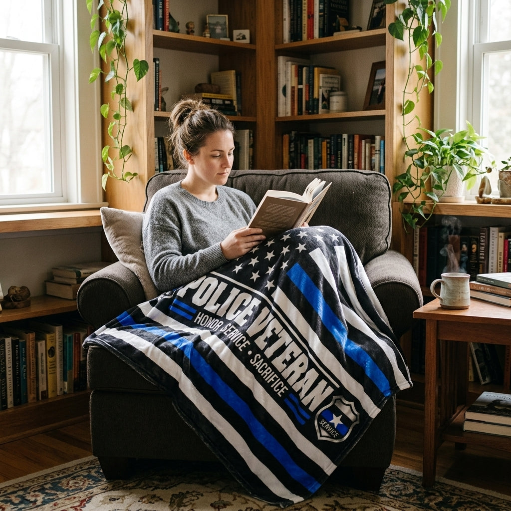 Police Veteran Velveteen Blanket – Thin Blue Line, Honor Service Sacrifice | Retired Police Officer Gift