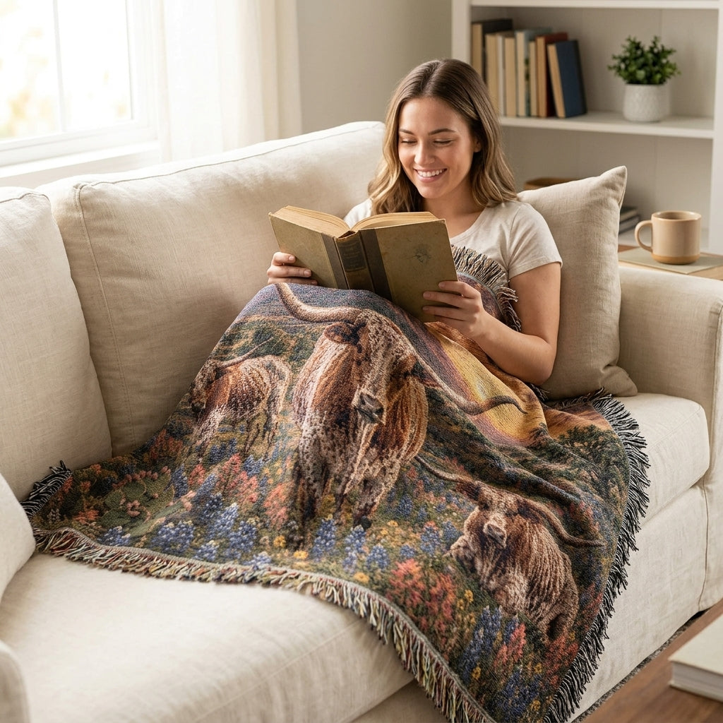 Texas Longhorn Woven Blanket – Western Sunset Throw, Bluebonnet Ranch Decor