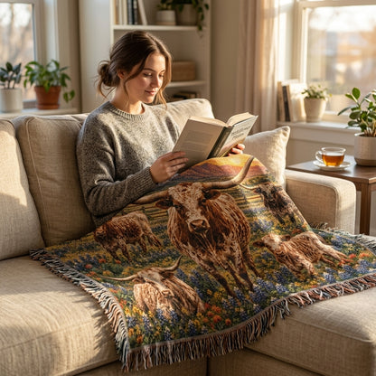 Texas Longhorn Family Woven Blanket – Western Bluebonnet Ranch Throw