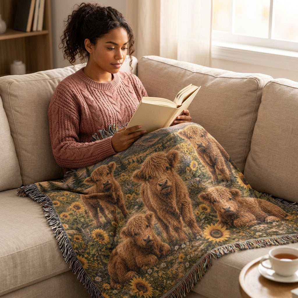 Highland Cow Woven Blanket – Sunflower Calf Throw, Rustic Farmhouse Decor