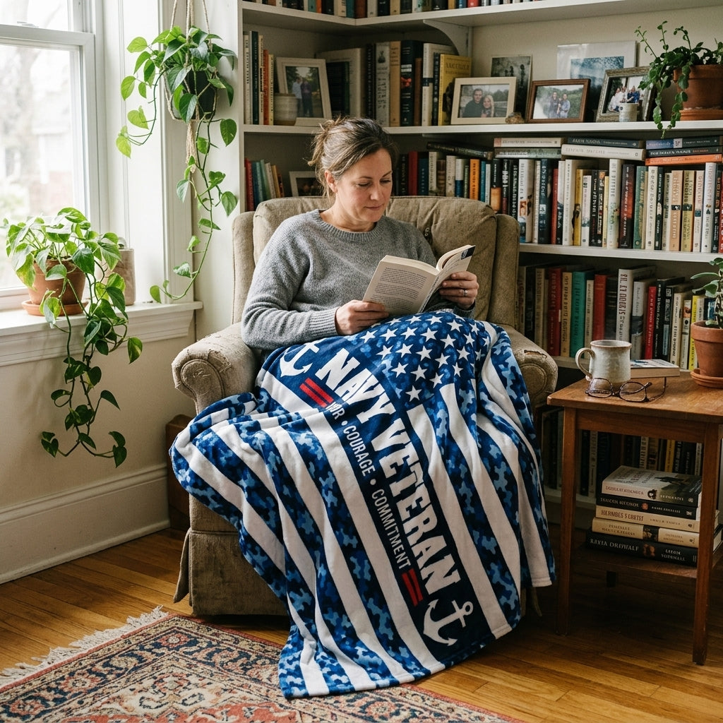 Navy Veteran Velveteen Blanket – Blue Camo, Honor Courage Commitment | US Navy Veteran Gift