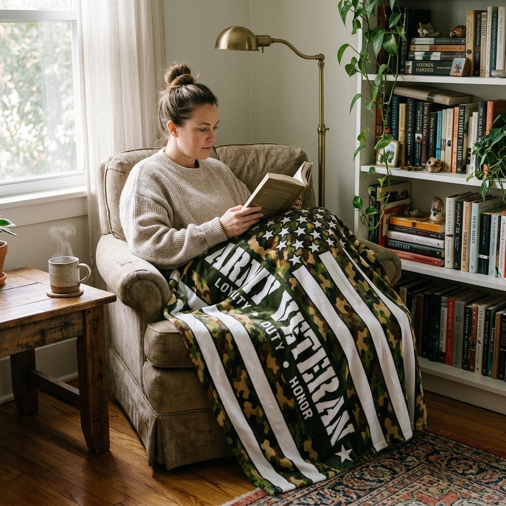 Army Veteran Velveteen Blanket – Woodland Camo, Loyalty Duty Honor | Military Retirement Gift