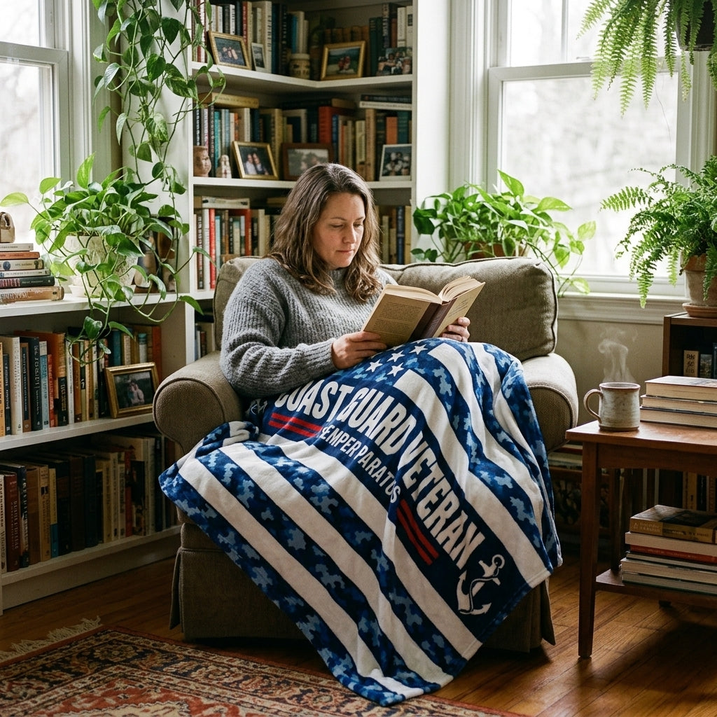 Coast Guard Veteran Velveteen Blanket – Semper Paratus, Blue Camo | USCG Military Retirement Gift