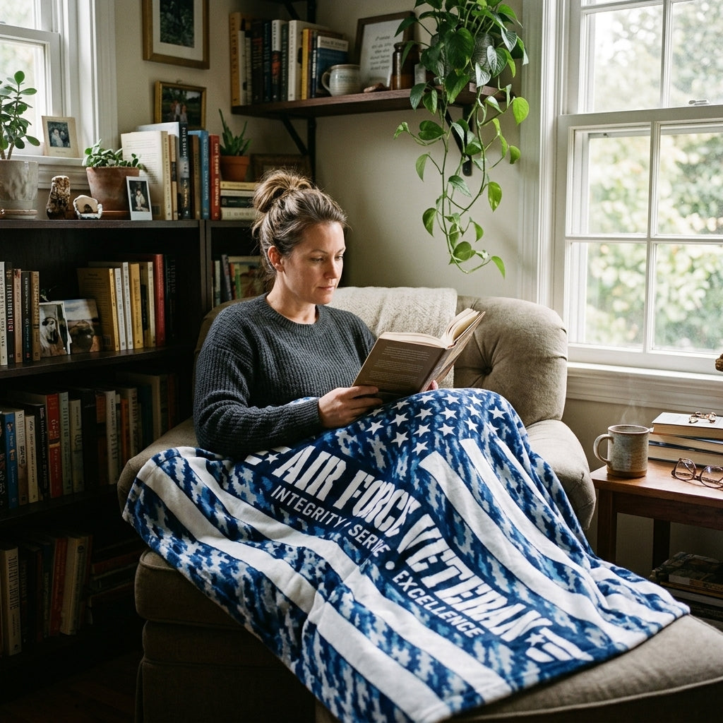 Air Force Veteran Velveteen Blanket – Blue Camo Patriotic Throw | USAF Retirement Gift