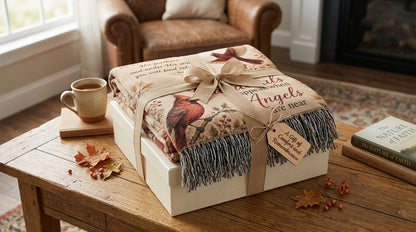 Cardinal memorial blanket styled as a sympathy gift with red cardinal design, gift ribbon, comfort keepsake tag, and cozy remembrance setting