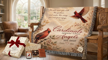 Cardinal memorial blanket styled as a sympathy gift with red cardinal artwork, remembrance message, gift box, candle, and comfort keepsake tag