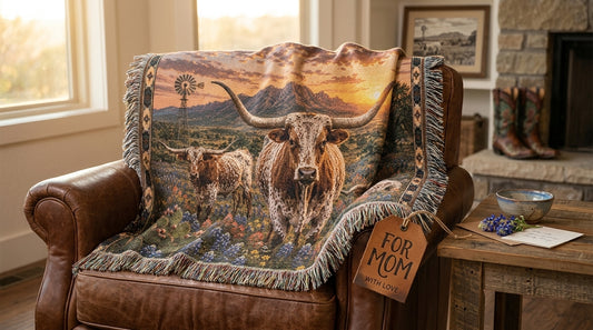 Texas Longhorn Bluebonnet Woven Blanket | Western Ranch Gift
