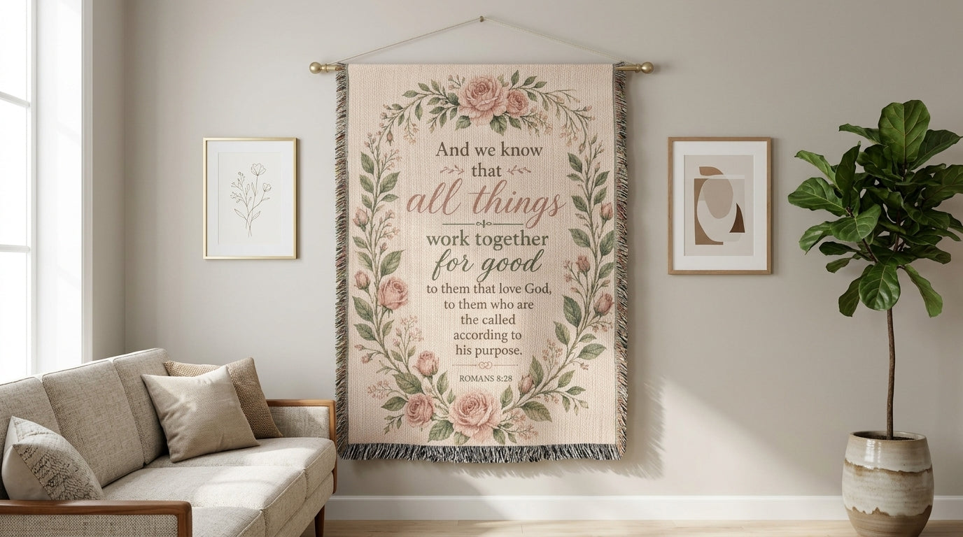 Romans 8:28 Woven Blanket | Floral Christian Gift