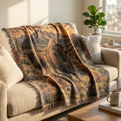 Bison Family Woven Blanket – Western Mountain Sunset Throw, Rustic Wildlife Decor