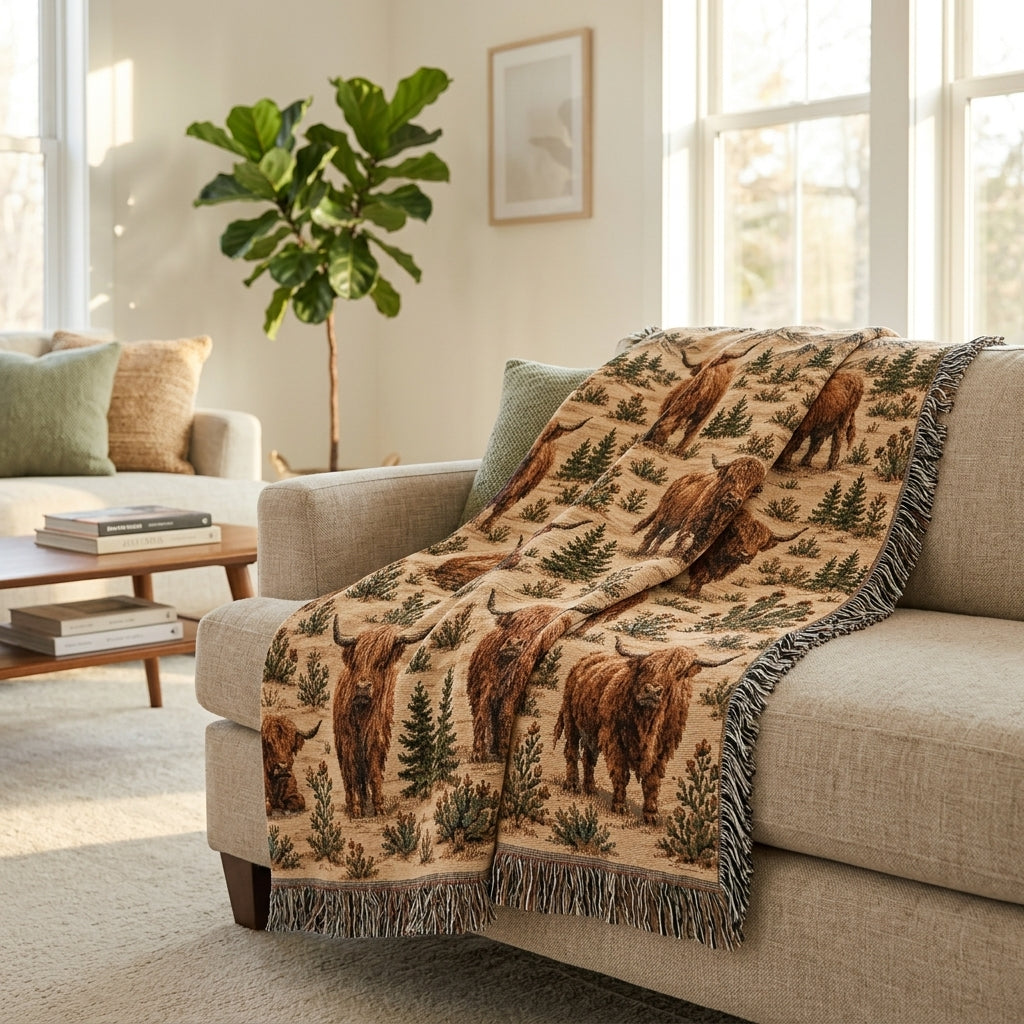 Highland Cow Woven Blanket – Rustic Western Ranch Throw, Neutral Farmhouse Decor