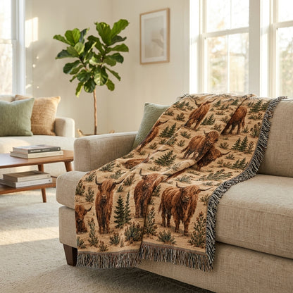 Highland Cow Woven Blanket – Rustic Western Ranch Throw, Neutral Farmhouse Decor