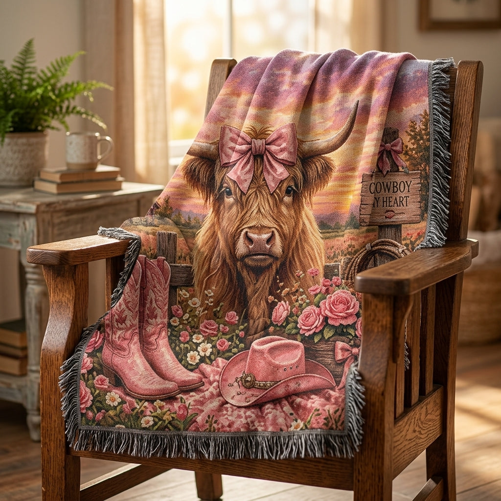 Cowgirl at Heart Woven Blanket – Highland Cow Western Throw, Pink Farmhouse Gift