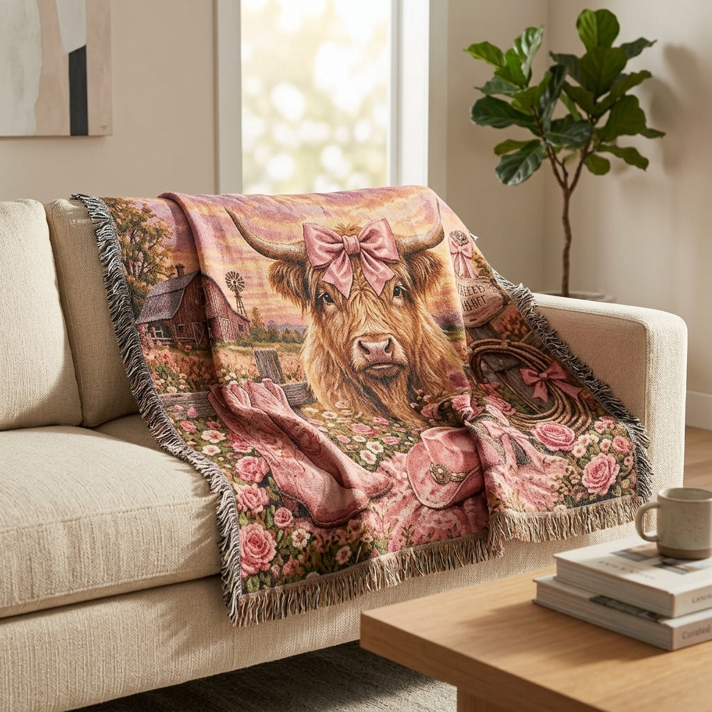 Cowgirl at Heart Woven Blanket – Highland Cow Western Throw, Pink Farmhouse Gift