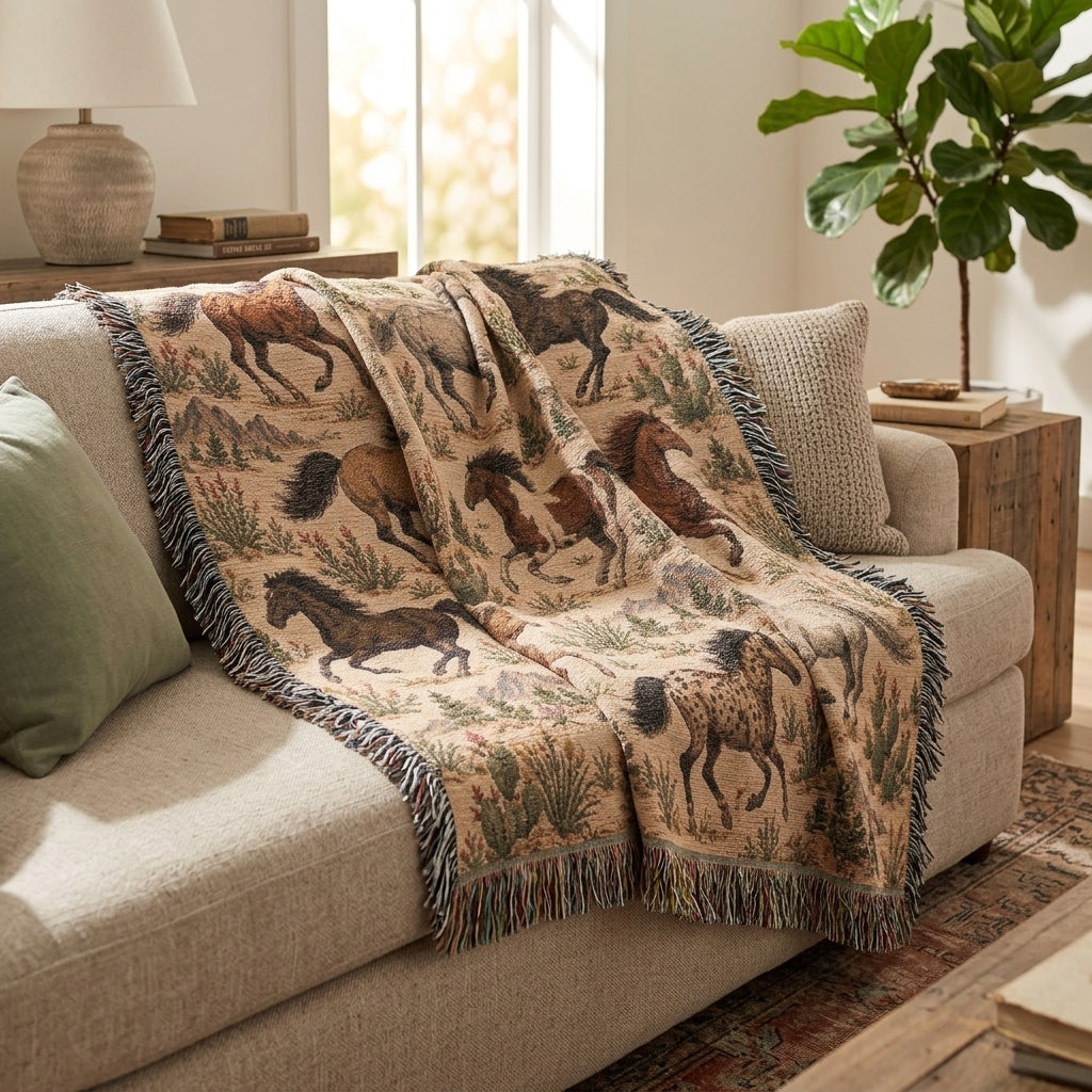 Western Horse Woven Blanket – Galloping Horses Desert Throw, Rustic Ranch Decor