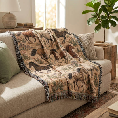 Western Horse Woven Blanket – Galloping Horses Desert Throw, Rustic Ranch Decor