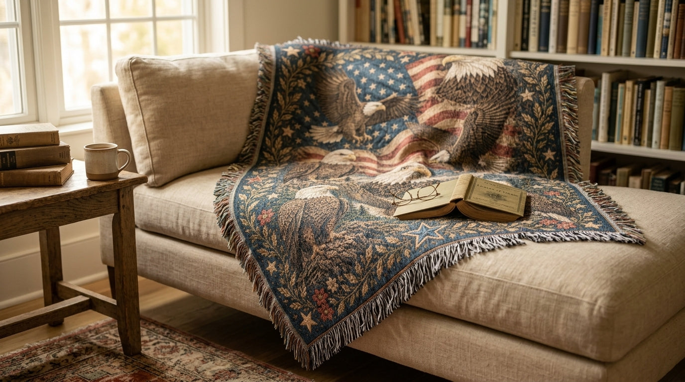 Patriotic Eagle Woven Blanket | American Flag Wildlife Throw Blanket