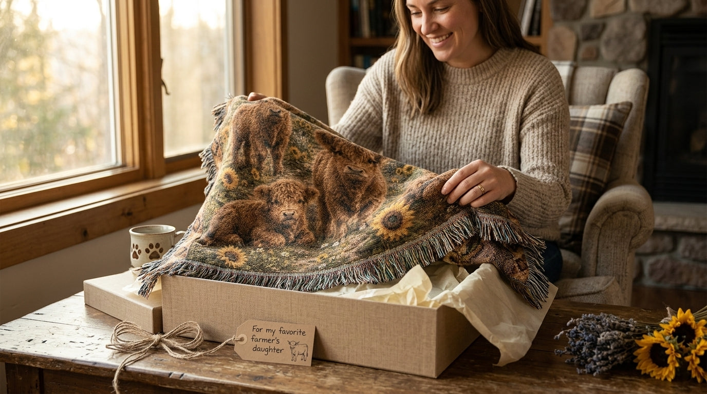Highland Cow Calf Woven Blanket | Sunflower Farmhouse Throw