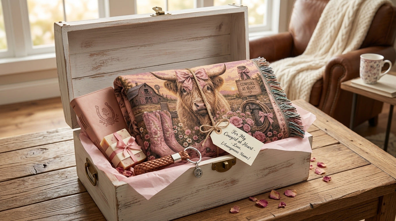 Highland Cow Coquette Woven Blanket | Pink Western Throw