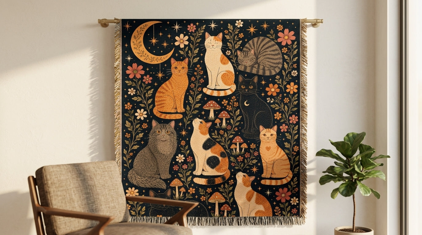 Whimsical Cat Garden Poster | Folk Art Moon & Floral Cat Wall Art