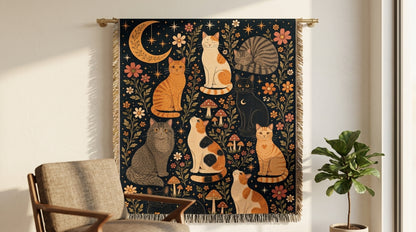 Whimsical Cat Garden Poster | Folk Art Moon & Floral Cat Wall Art