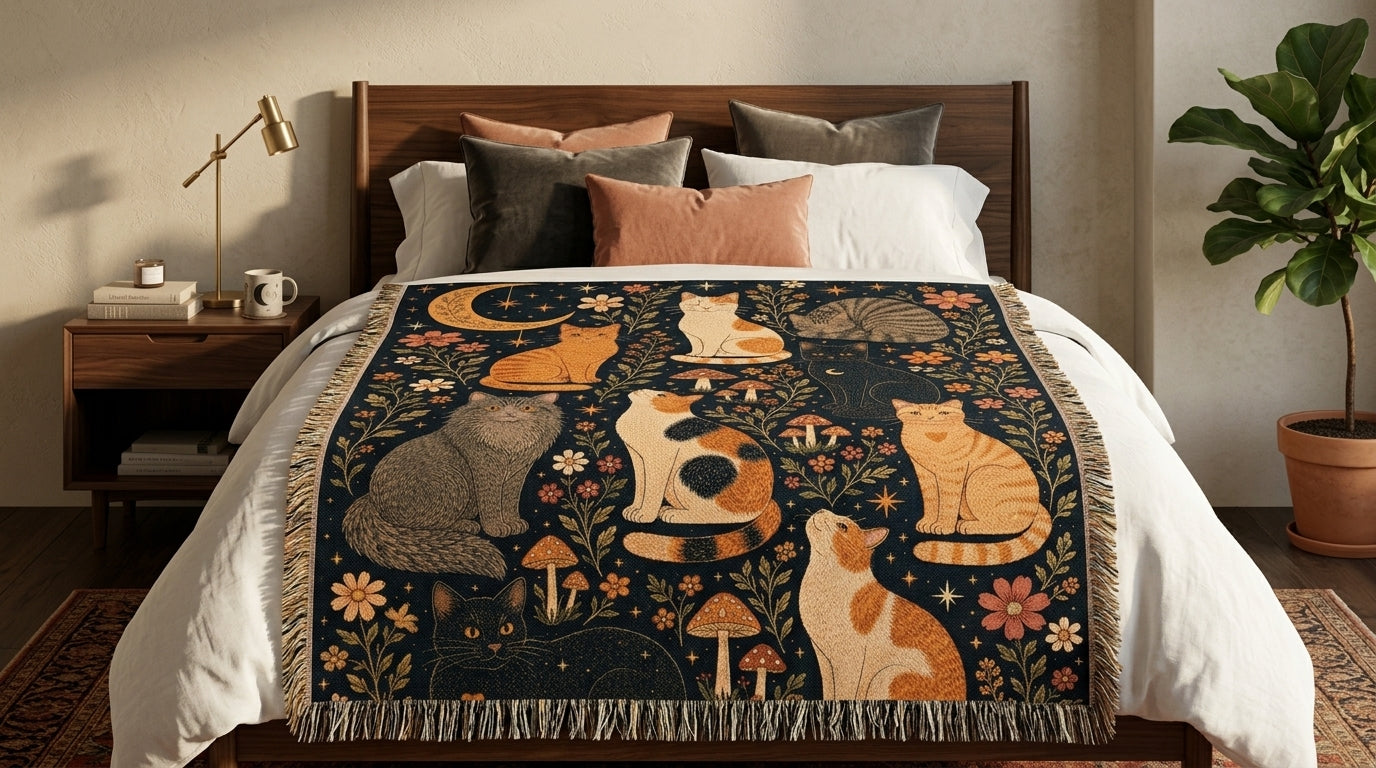 Whimsical Cat Garden Poster | Folk Art Moon & Floral Cat Wall Art