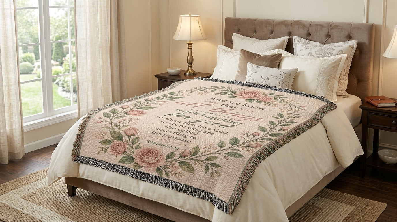 Romans 8:28 Woven Blanket | Floral Christian Gift
