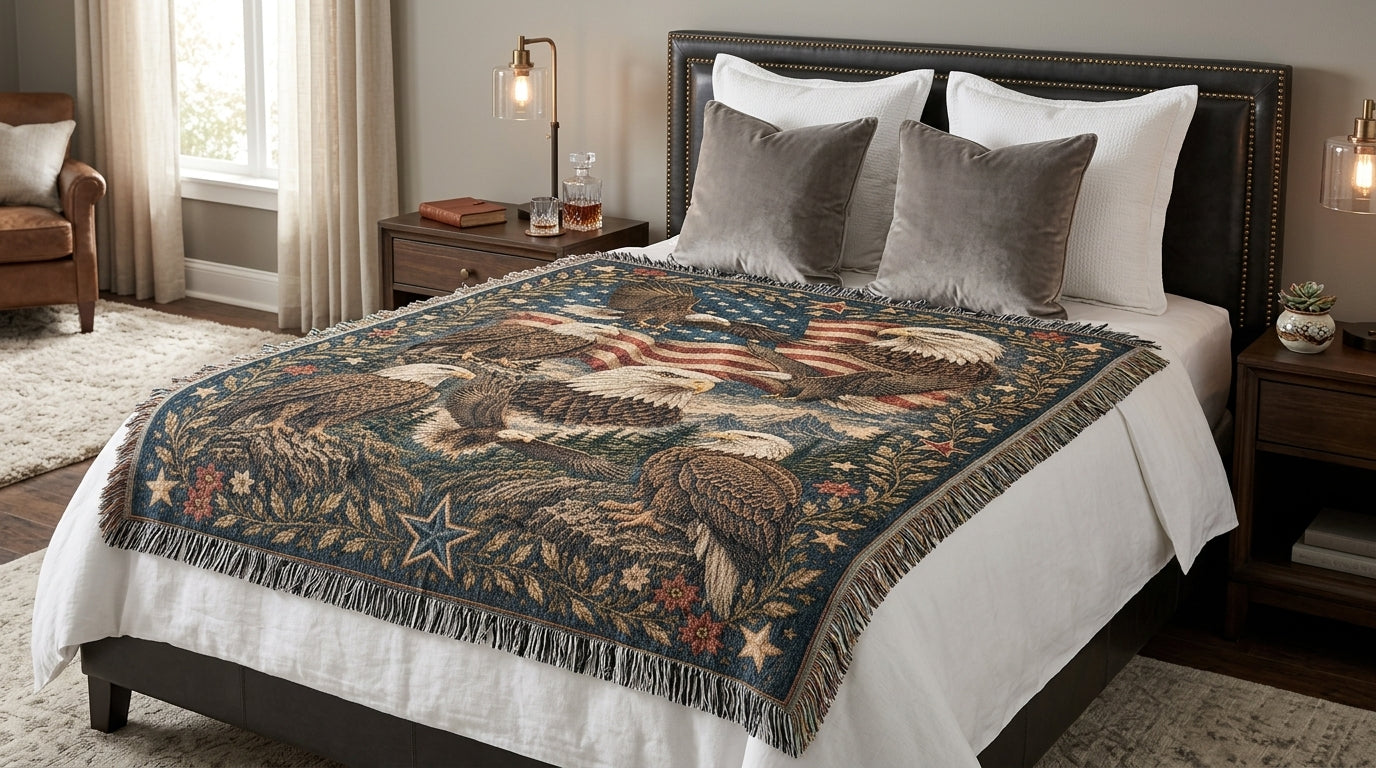 Patriotic Eagle Woven Blanket | American Flag Wildlife Throw Blanket