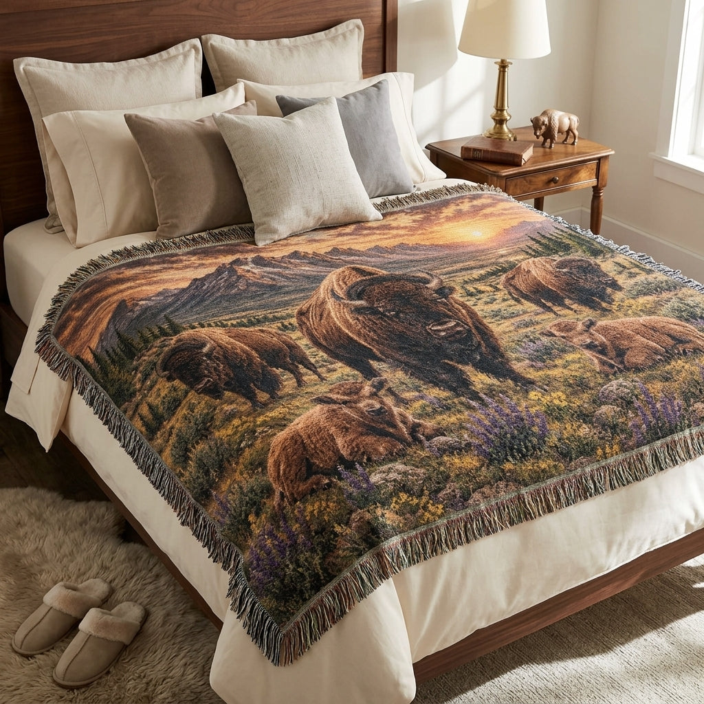 Bison Family Woven Blanket – Western Mountain Sunset Throw, Rustic Wildlife Decor