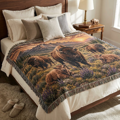 Bison Family Woven Blanket – Western Mountain Sunset Throw, Rustic Wildlife Decor