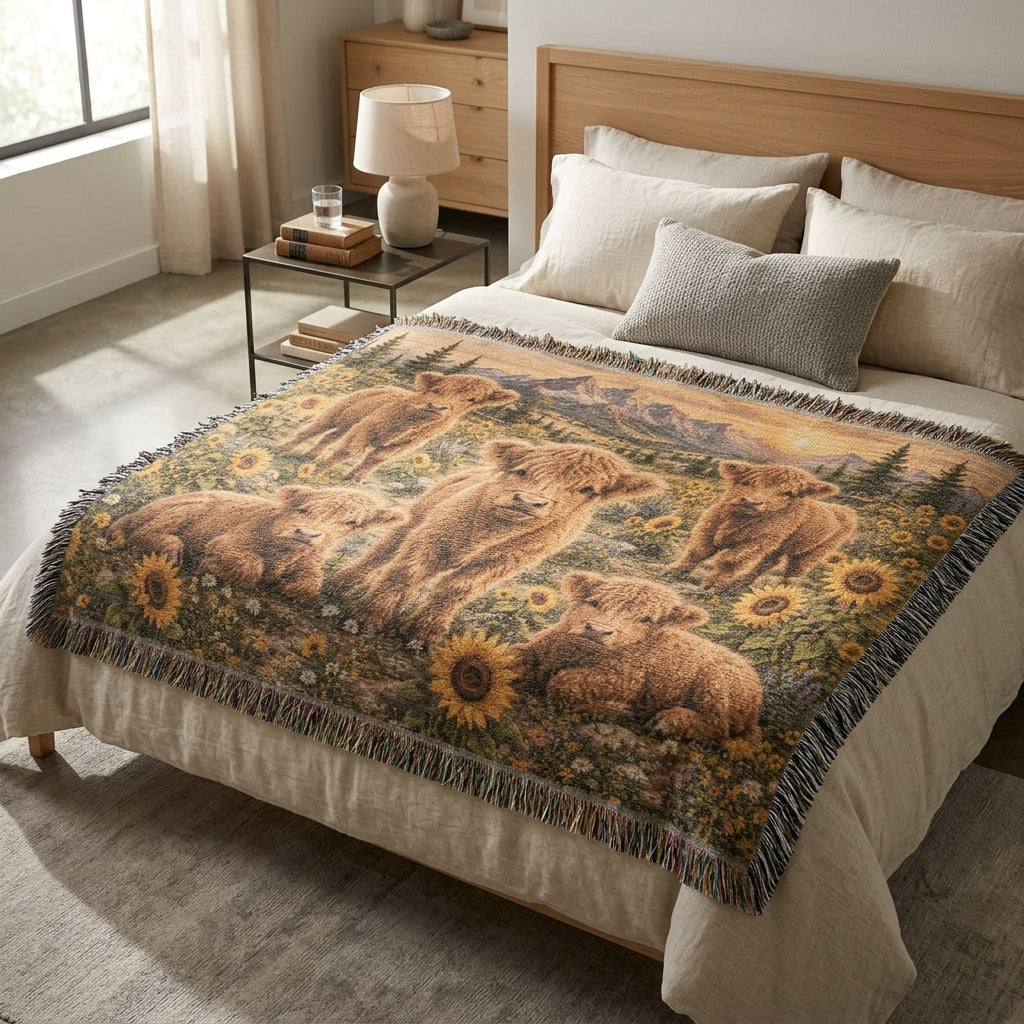 Highland Cow Woven Blanket – Sunflower Calf Throw, Rustic Farmhouse Decor