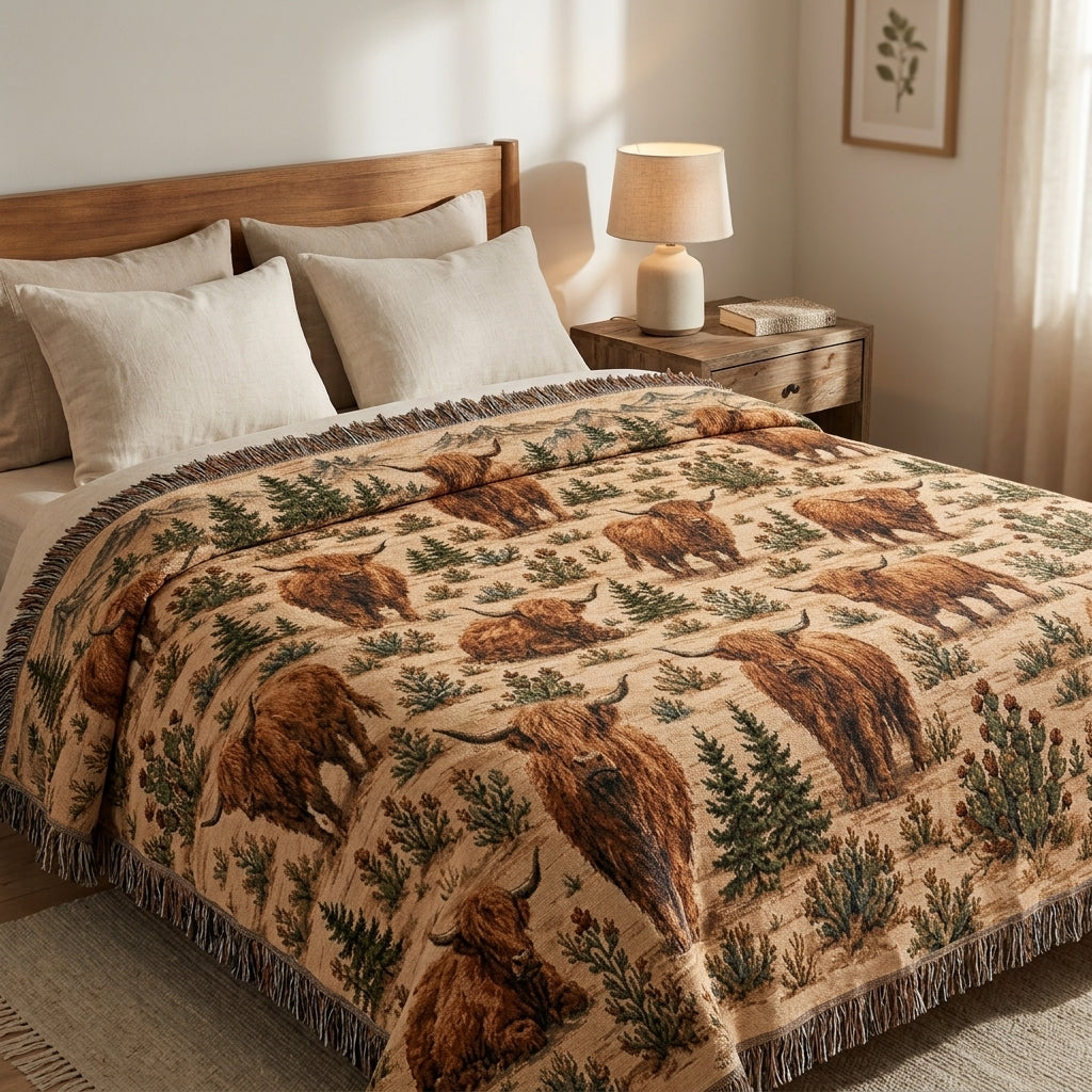 Highland Cow Woven Blanket – Rustic Western Ranch Throw, Neutral Farmhouse Decor