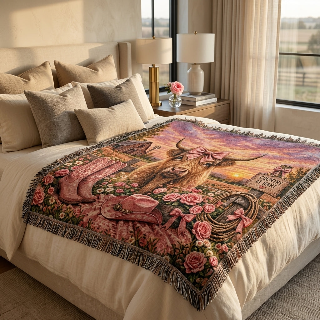 Cowgirl at Heart Woven Blanket – Highland Cow Western Throw, Pink Farmhouse Gift